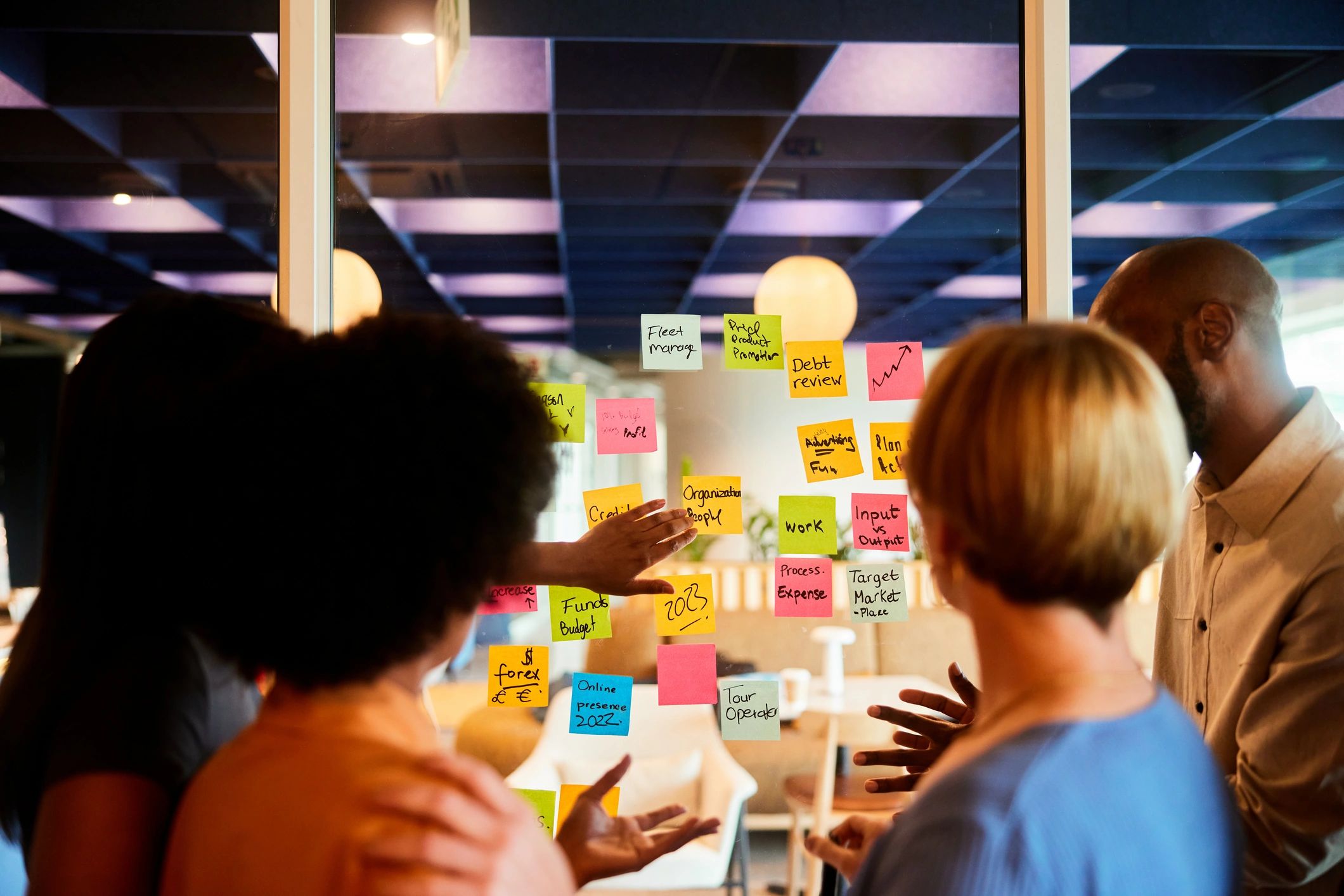 Team brainstorming with notes during a planning session