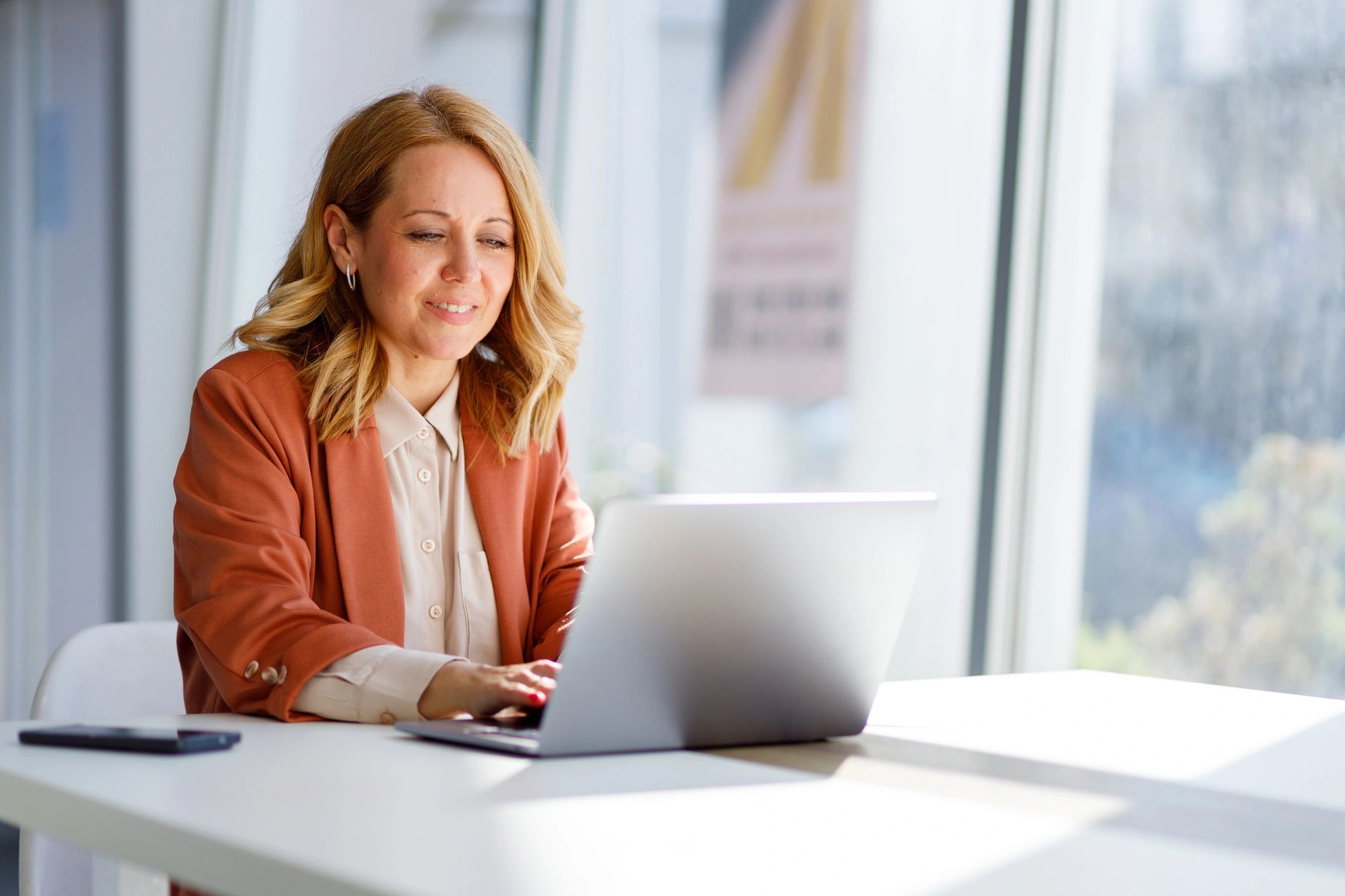 Professional working on a laptop in a sunlit office